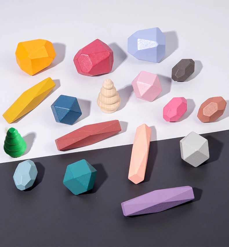 18 Pcs Wooden Stacking Rocks Building Blocks Colored Solid Wood Stones PreSchool Educational Games Toys for Kids Toddlers C250916