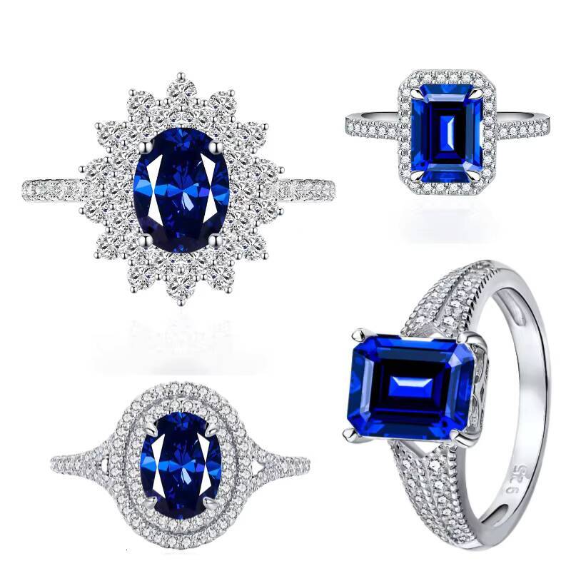 Fashion Emerald Cut Blue Sapphire Gift Classic Wedding Engagement Diamond Gemstone Ring