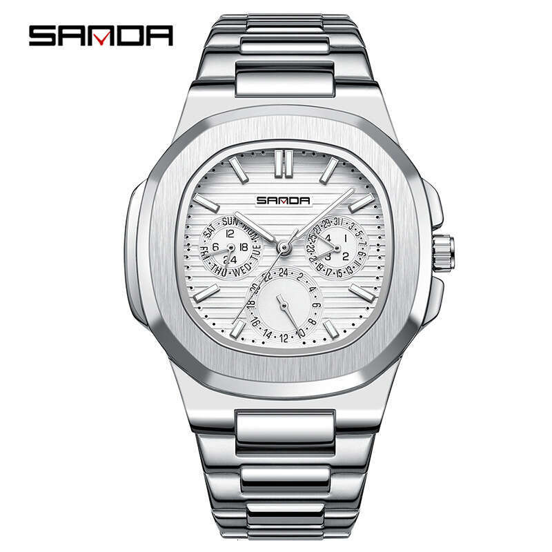 DHgargets Sanda Quartz Three Eyes Six Hands Simple Strips Scale Fashion Steel Band Waterproof Men's Watch