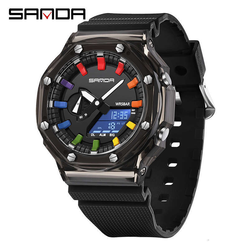 DHgargets Sanda Best-Selling Unisex Octagonal Dopamine Transparent Personality Electronic Multi-Functional Swimming Waterproof Watch