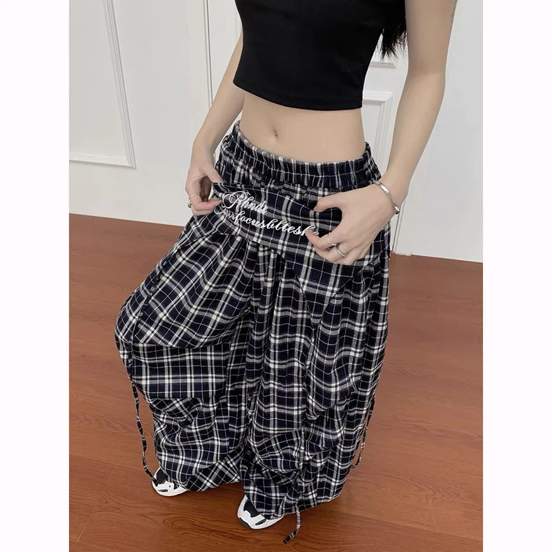 ZHIZOU Vintage Plaid Wide Leg Women Y2K Japanese Streetwear Casual Scimitar Pants Harajuku Loose Pockets Straight Trousers Z260314