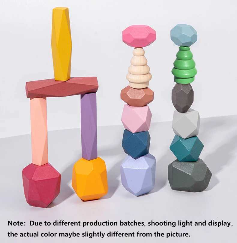 18 Pcs Wooden Stacking Rocks Building Blocks Colored Solid Wood Stones PreSchool Educational Games Toys for Kids Toddlers C250916