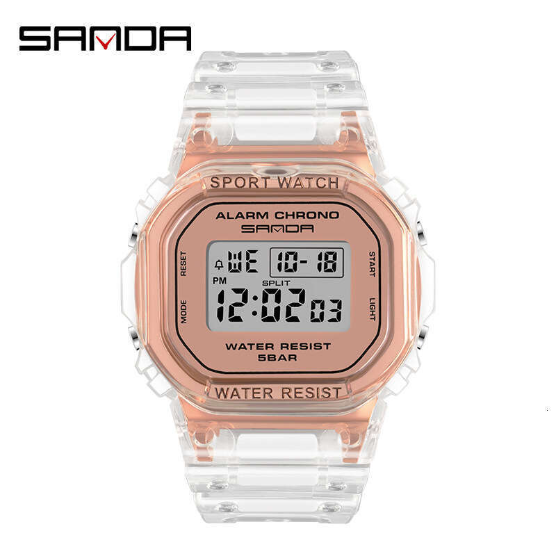 DHgargets Sanda Square Transparent Strap Electronic Watch Multi-Function Luminous Waterproof Outdoor Sports Student Wristwatch