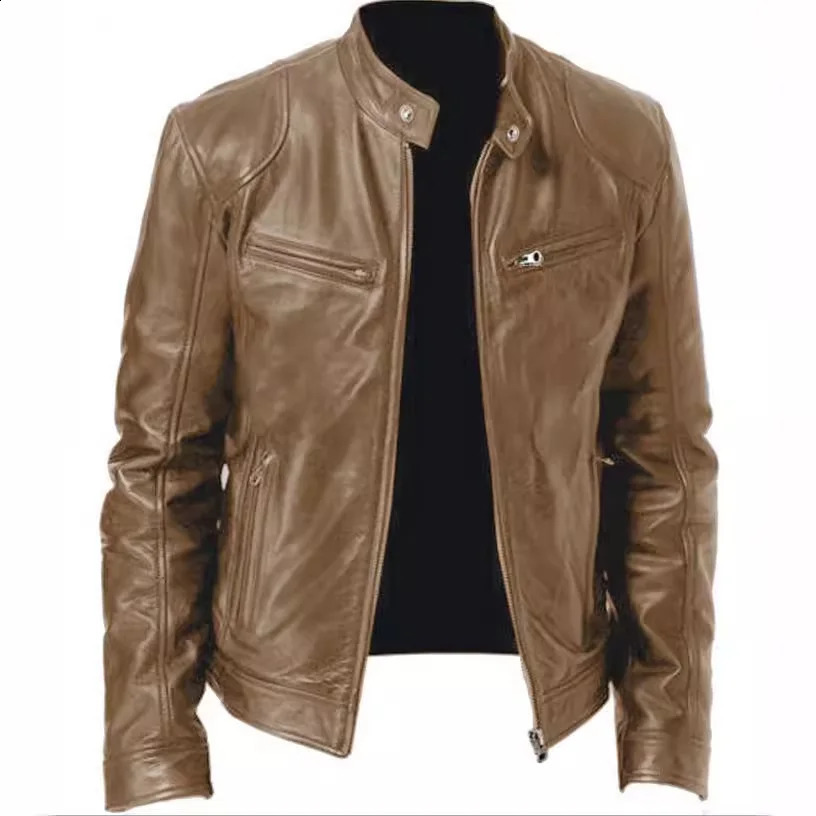 Fashionable Youth Motorcycle Jacket Personalized Mens Multipocket Standcollar Zippered Fashion Cardigan Leather Coat 250916