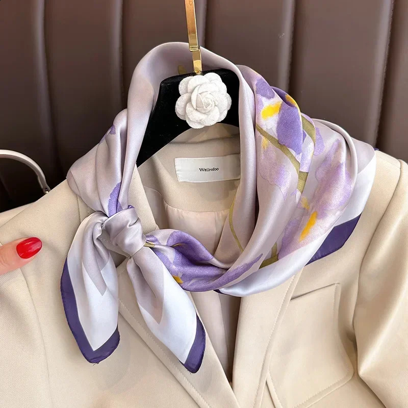 Purple Floral Print Silk Square Scarf Women Soft Satin Hairband Hands Bag Ribbons Foulard Neckerchief Headband Hijab 250915