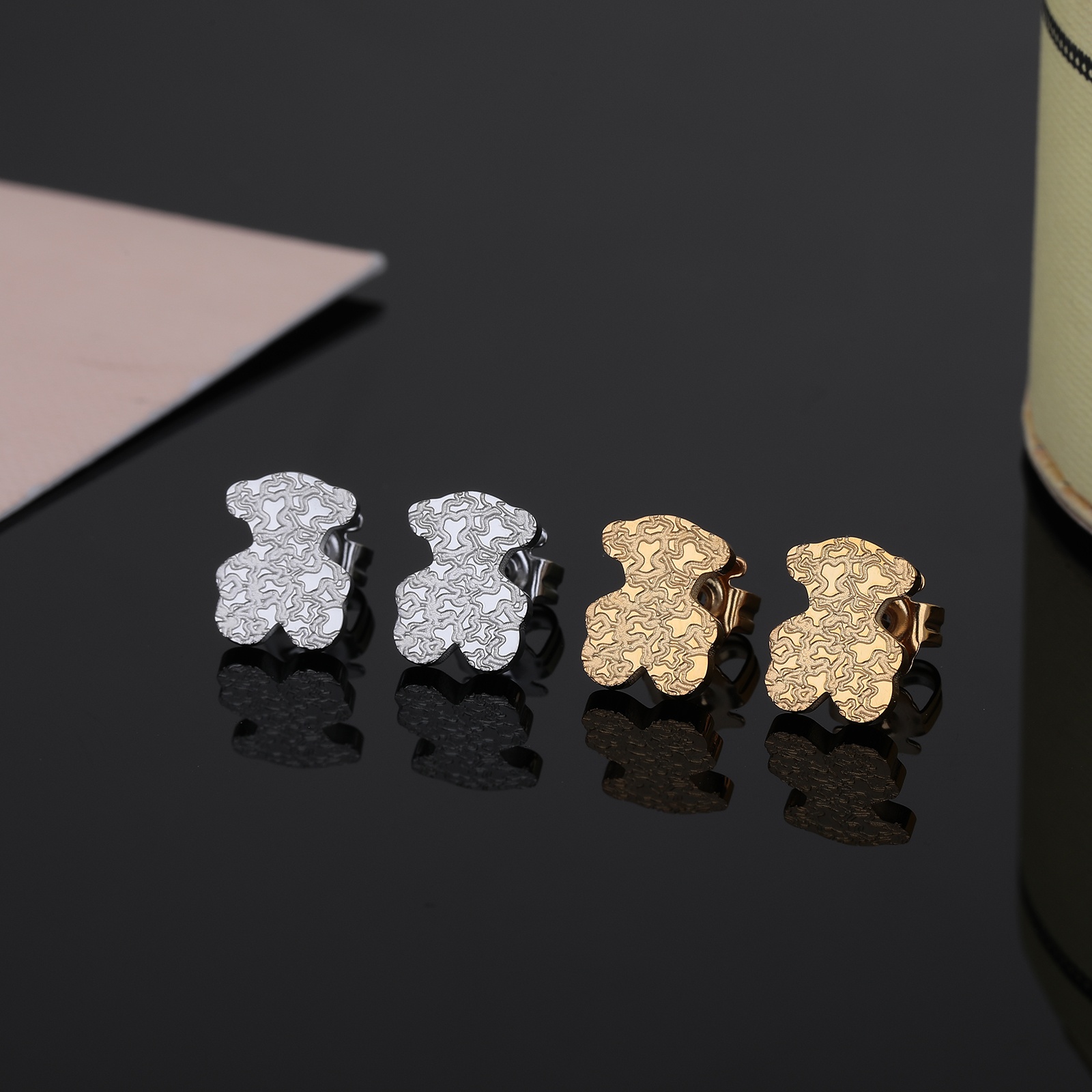 Fashion Women Men Girls Bear Silver Gold Rose Stainless Steel Color Pink Oil Letter Cartoon Animal Zircon Span Stud Earrings Jewelry Gift