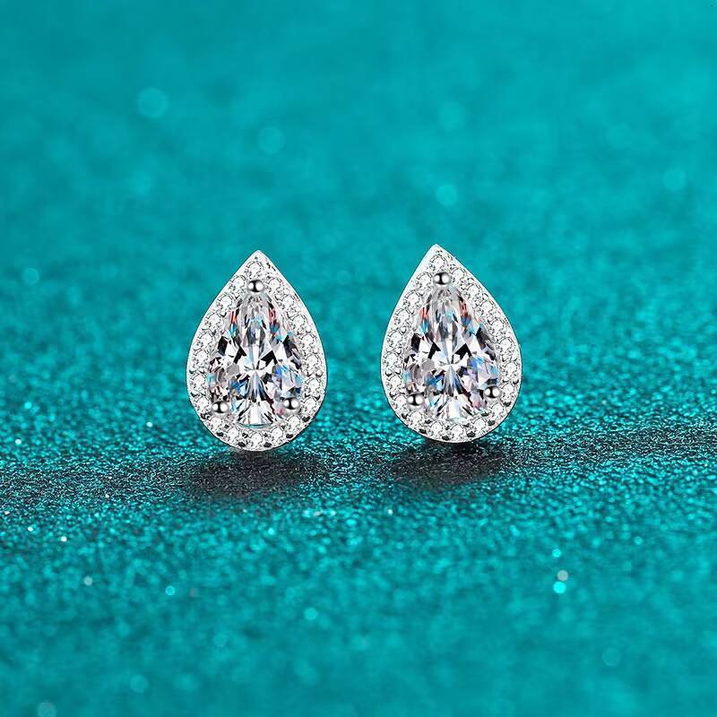 Luxury Womens 925 Sterling Silver Pear Shape Moissanite Earrings Plated with Pt950 Gold Small and Elegant