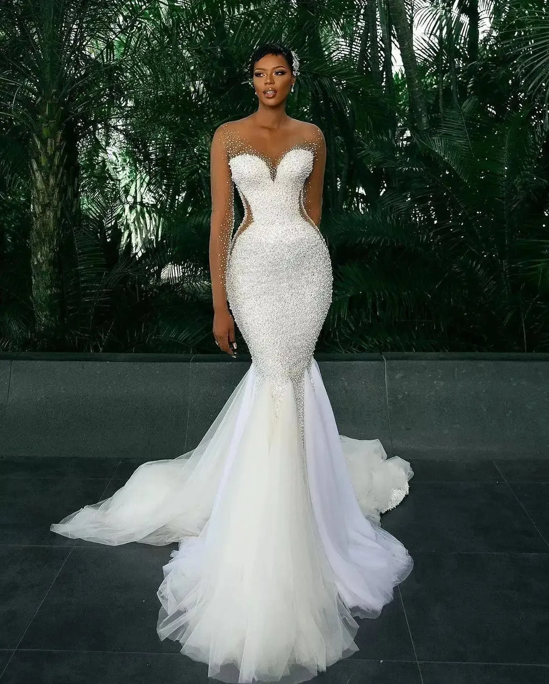 2025 Sexy Mermaid Wedding Dresses Jewel Neck Illusion Sweep Train Corset Back Silver Crystal Beading Plus Size Formal Cheap Bridal Dress Long Sleeves