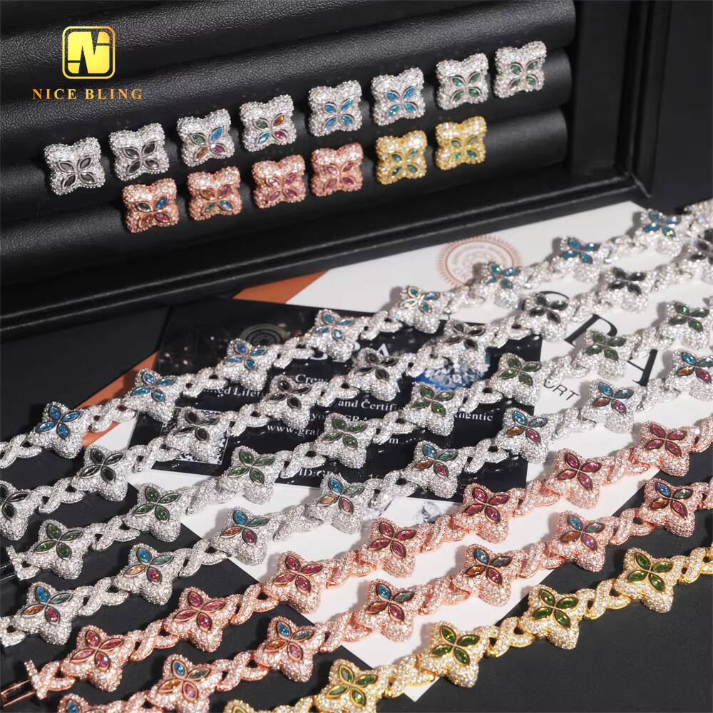 Hot Sale 15mm Hip Hop Jewelry Pear Cut VVS Moissanite 925 Silver Iced Out Bracelet Earrings Set Mix Color Diamond Cuban Chain