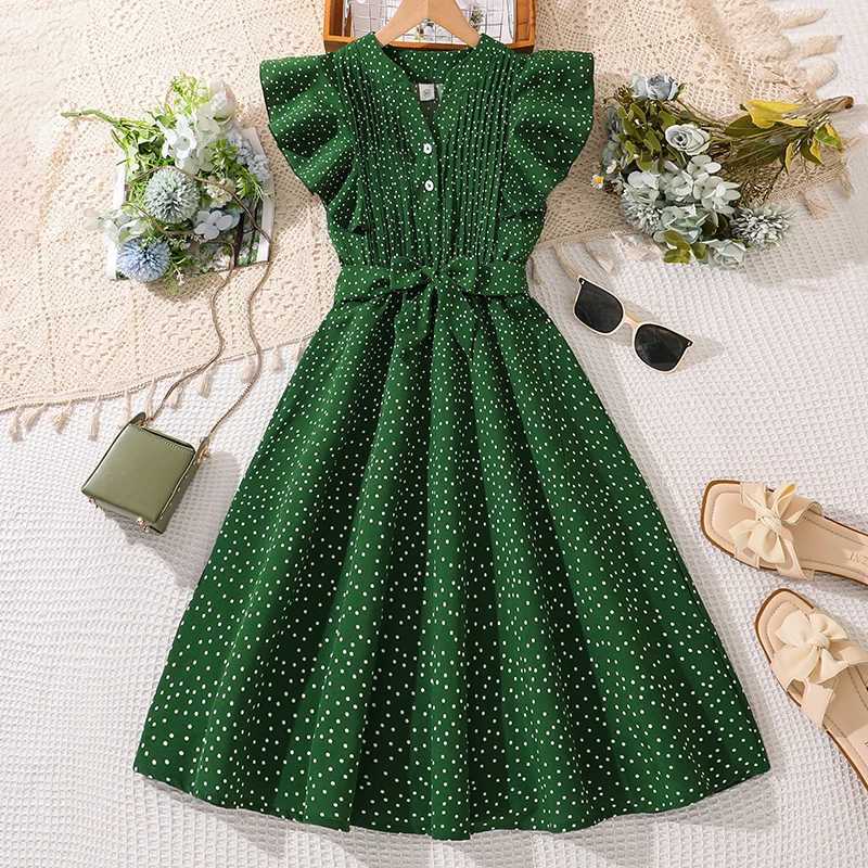 Children Clothing Solid Color Green VNeck Wing Sleeve Polka Dot ALine Dress For Girls 812 Years Summer Frenchy Daliy Casual C250916