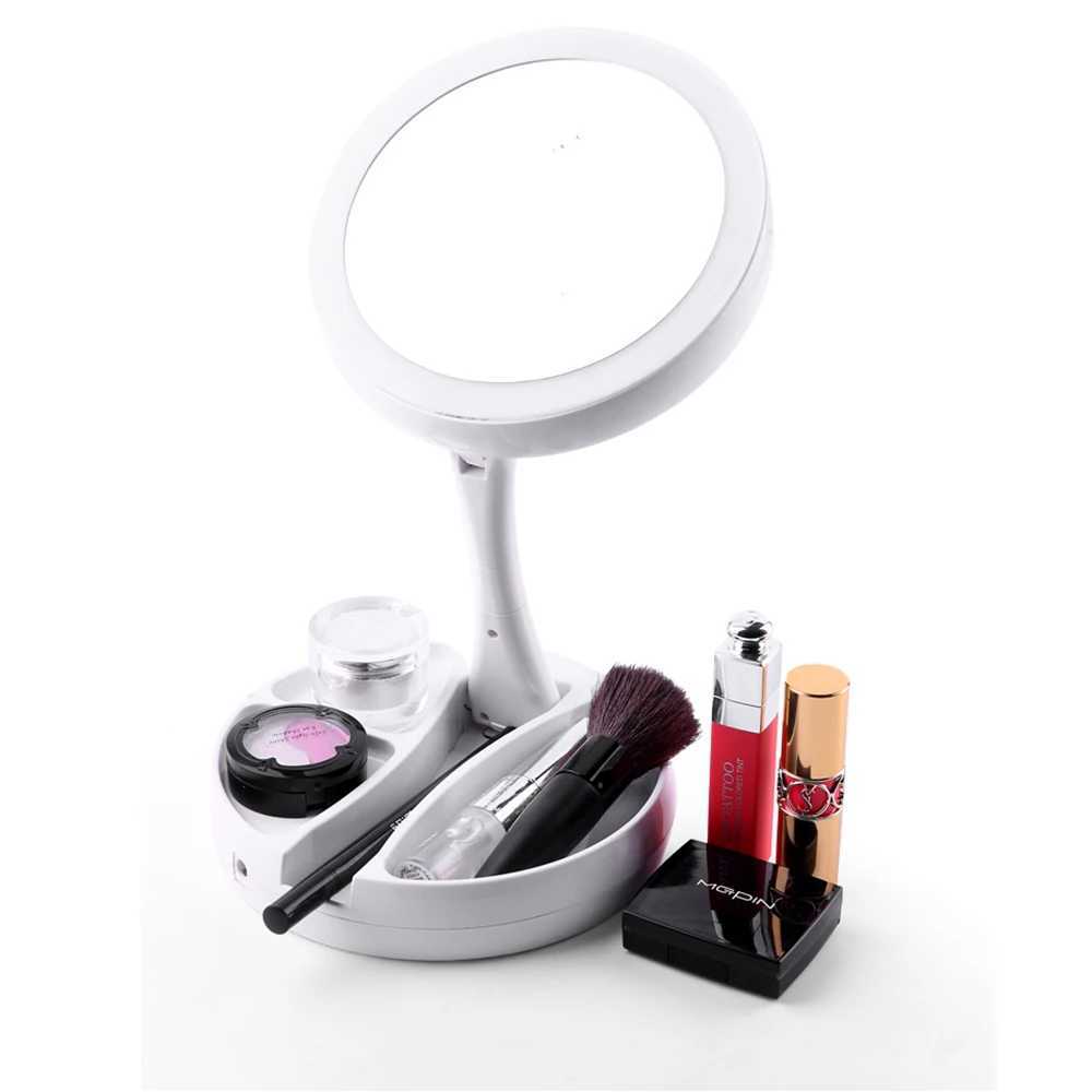 Portable Folding 1x10x Magnifying LED Light Up Double Side Makeup Mirror Tabletop Batteries or USB Charging 270Rotation C250916