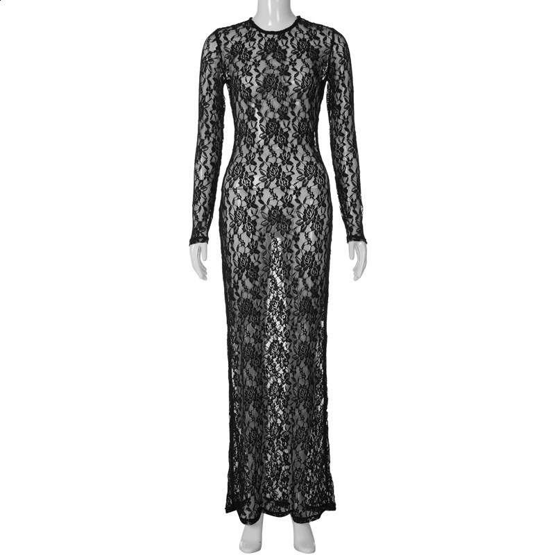 New bestselling womens sexy hollow out lace pattern perspective slim fit long dress 250103