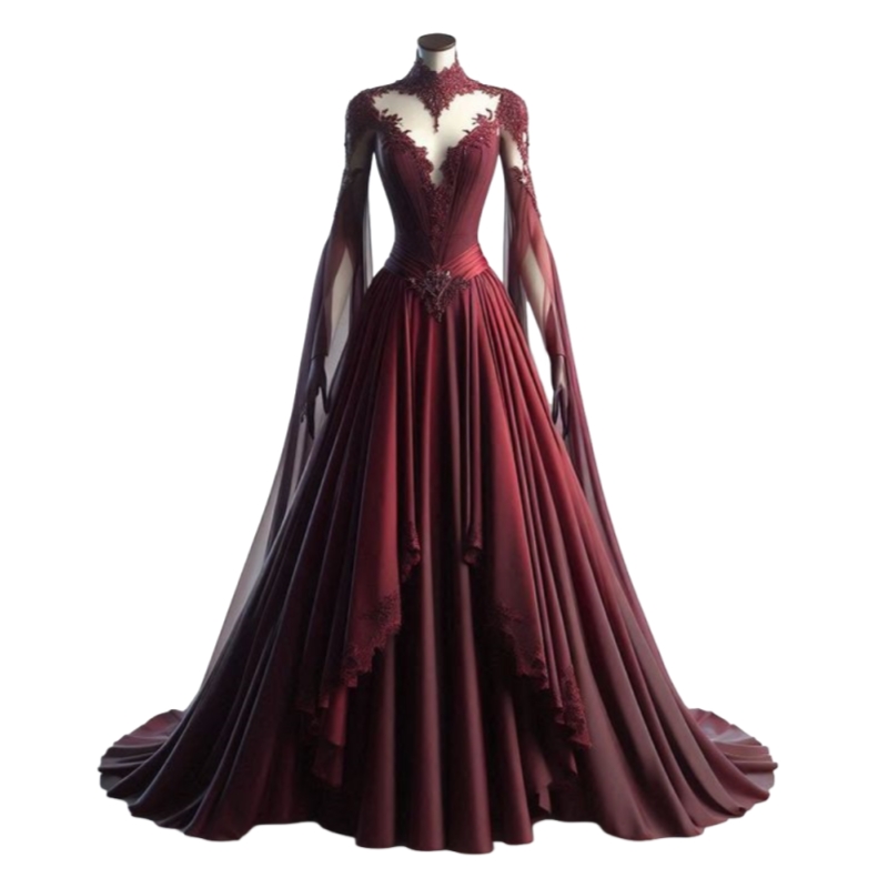 Vintage Burgundy Prom Dresses Long Flare Sleeves Elven Princess Evening Gown Lace Appliques High Collar A-Line Special Occasion Dress