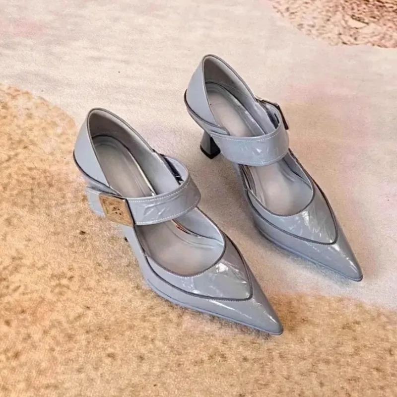 French Single Shoe Spring and Autumn Fashion One Word Block Heel Shoes with Pointed Toe 250915