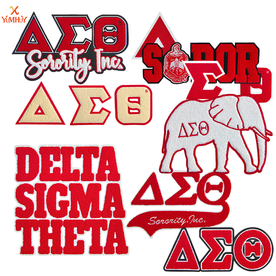Red/White Delta Sigma Theta Themed Iron - on Chenille Patches Fraternity Symbol Greek Letters Elephant Motifs for Jackets Bags Personalized Styling