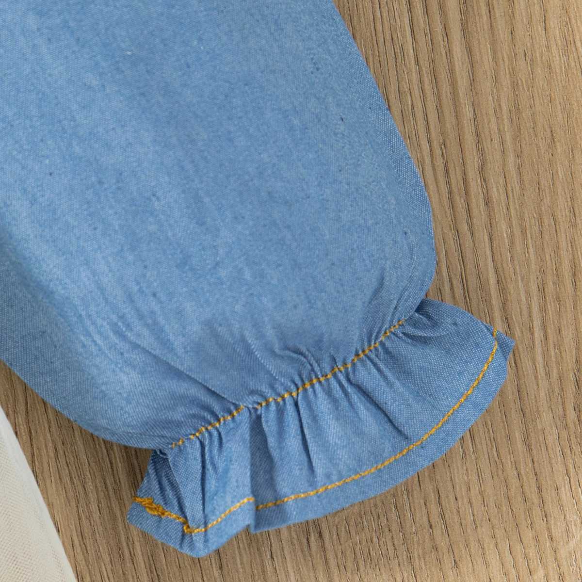 Spring Long Sleeved Dress Girl Denim Blue Dress Fake Two Pieces Tutu Dress For Kids Send Bow Belt C250916