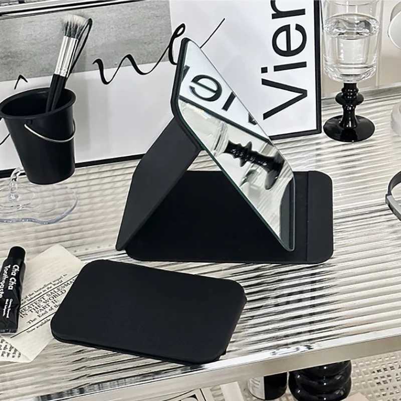 Desktop Makeup Mirror Solid Color PU Leather Simple Portable Handheld Black Mirror Foldable Student Compact Cute Pocket Mirror Y2509161
