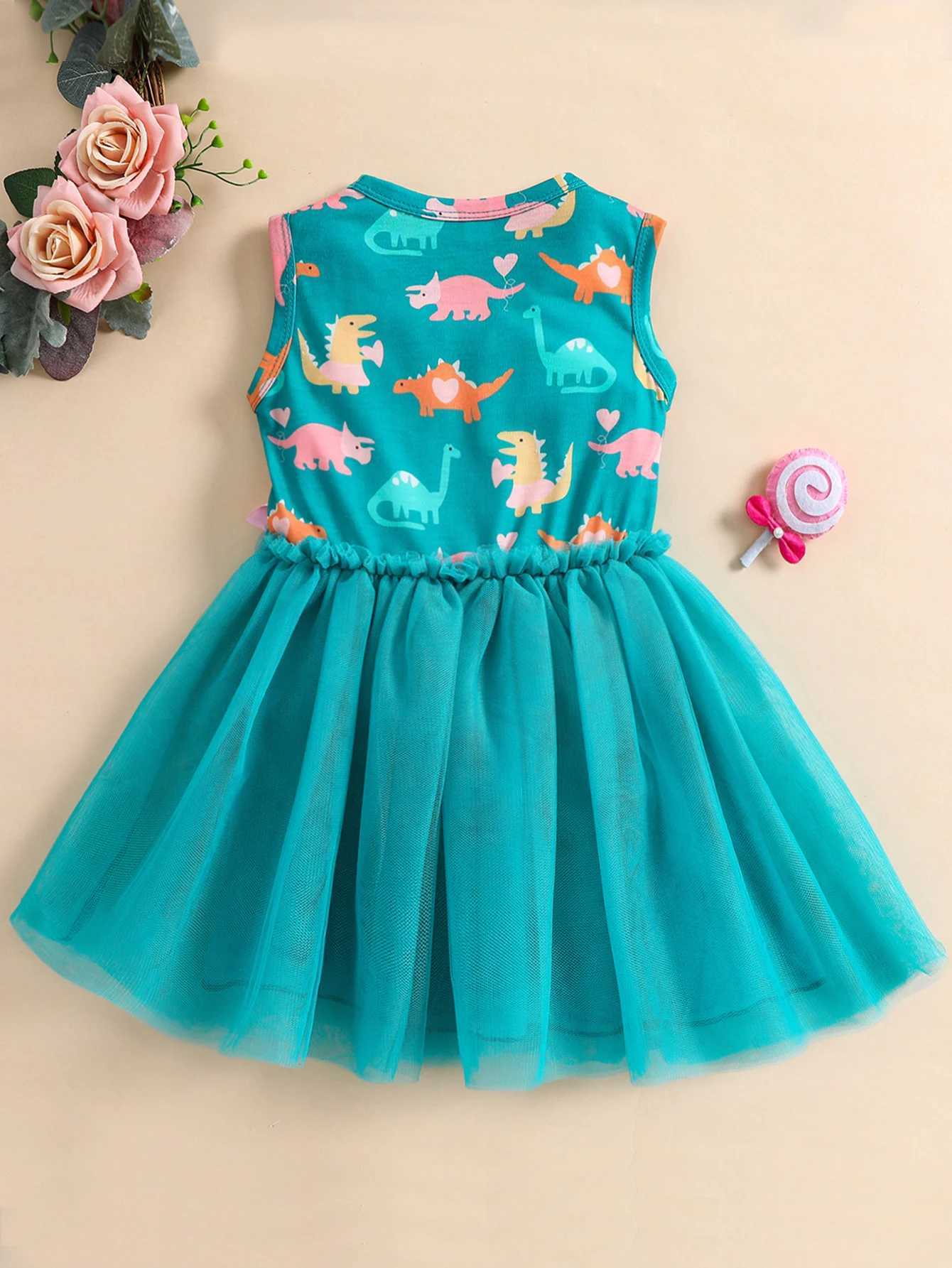 Summer 15 Years Little Girl Princess Dress Clothing Baby Girl Sleeveless Dinosaur Print Mesh Dress For Kids Girl Party C250916