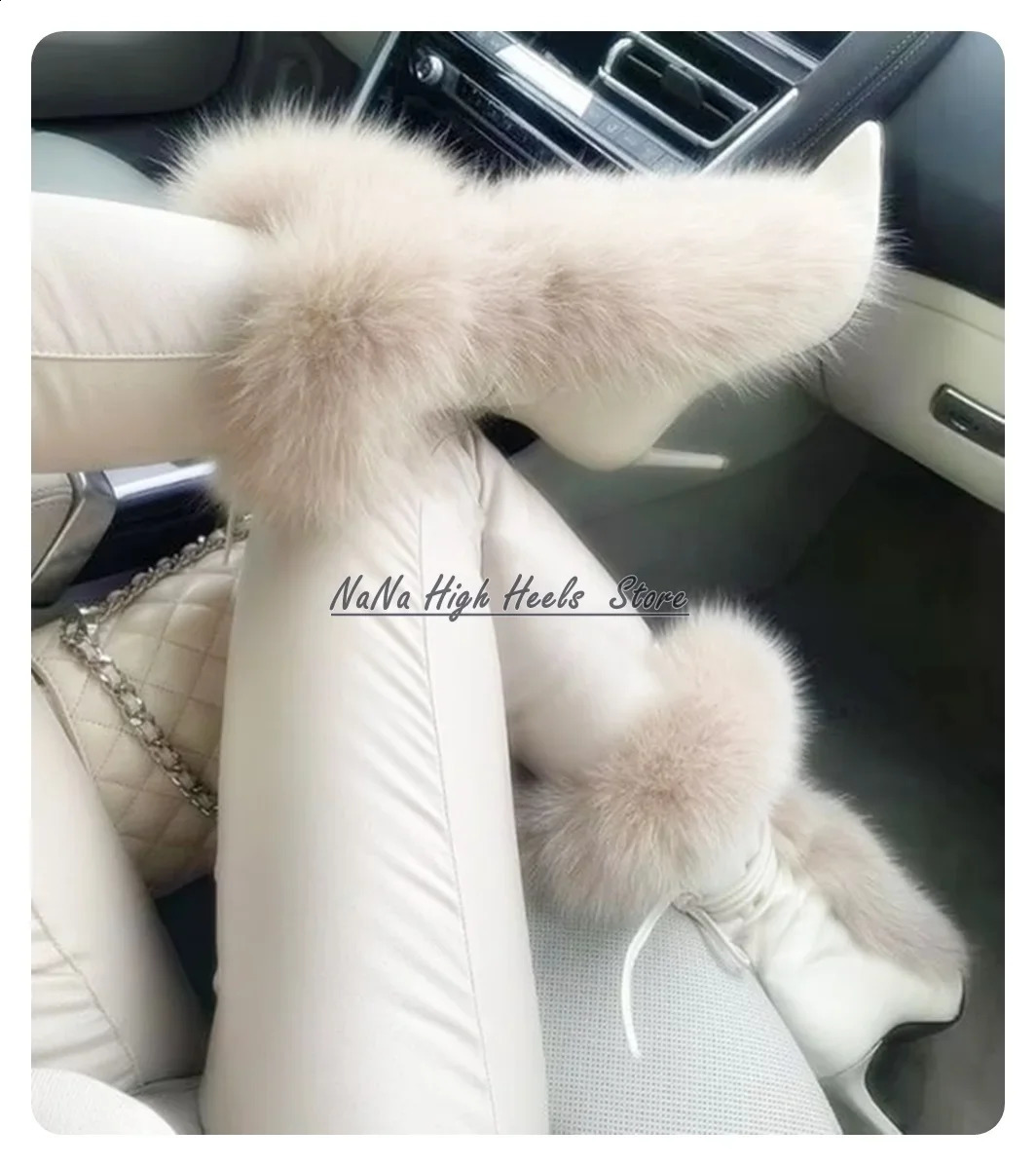 Fashion Classy Furry Street Midcalf Boots Women Fluf Pointy Toe Stiletto Heel Leather Boots Lady Party Shoes zapatillas mujer 250915