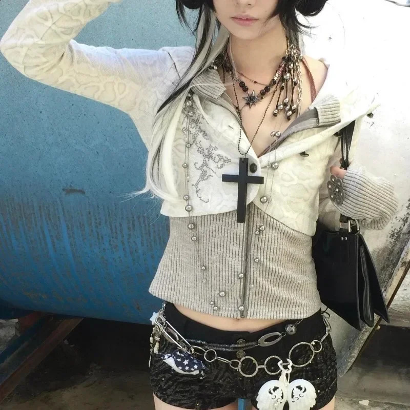 Deeptown Y2k Harajuku Gothic Women Knit Cardigan Hooded Zip Up Patchwork Japanese Fashion Sweaters Slim Gyaru Grunge Autumn 250915 - view 5