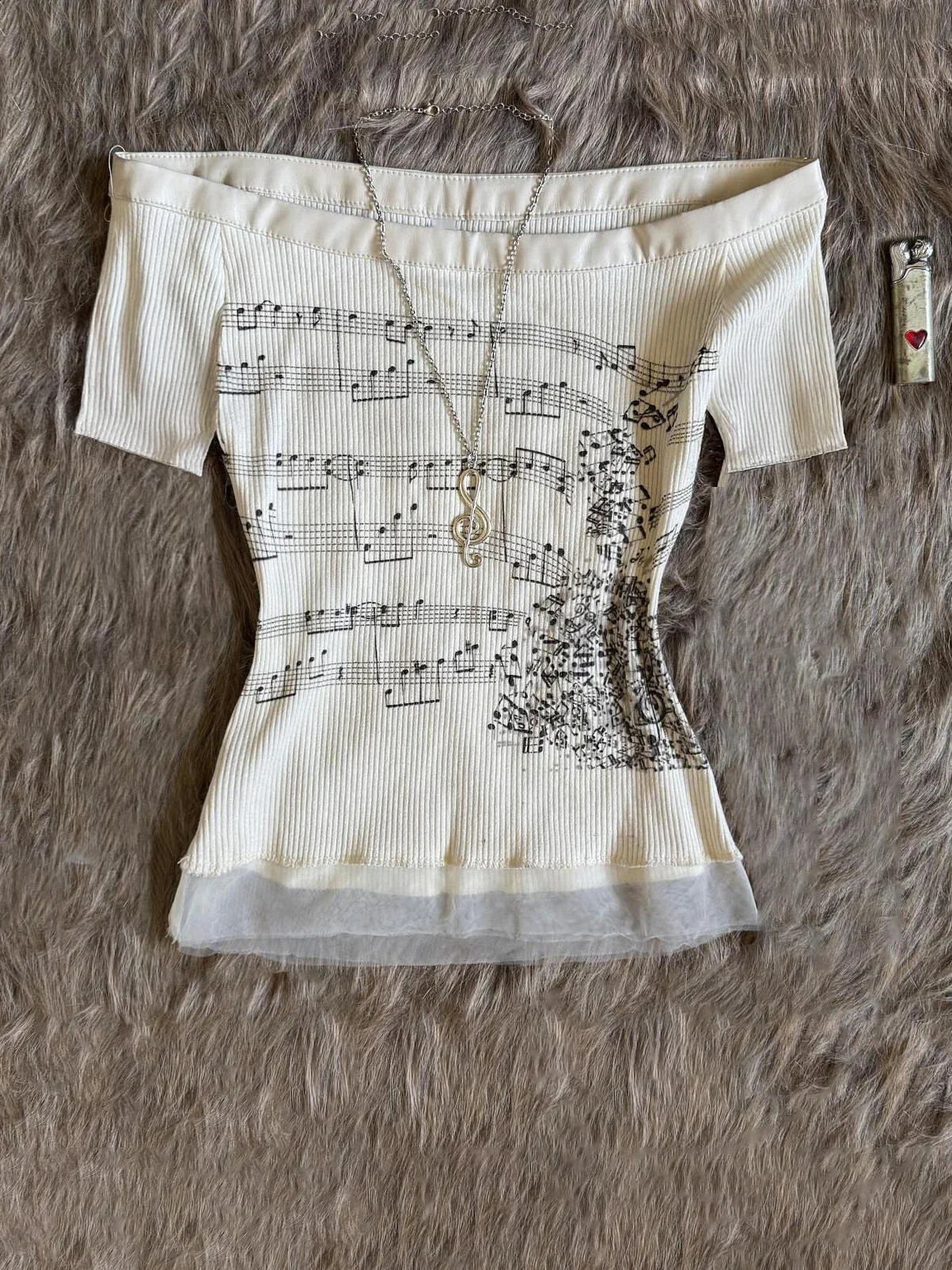 Korean 2000s Punk Goth Girls Graphic Tops Off Shoulder Sexy Lace Cotton T Shirts Cute Music Pattern Y2K Sweet Women Crop Tops 250916