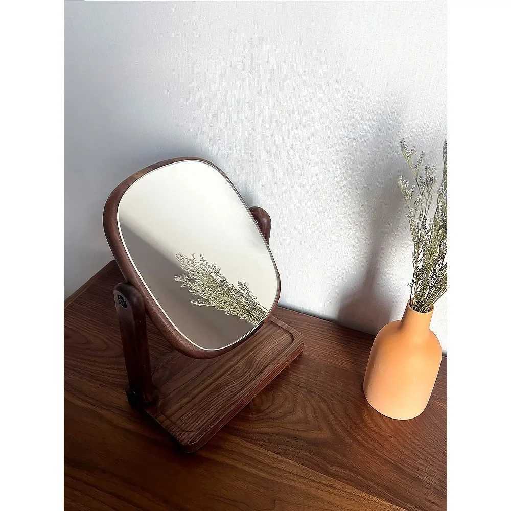 Solid Wood Makeup Mirror Storage Integrated Black Walnut Dressing Mirror Rotating Desktop Makeup Mirror HD Portable Holiday Gift C250916