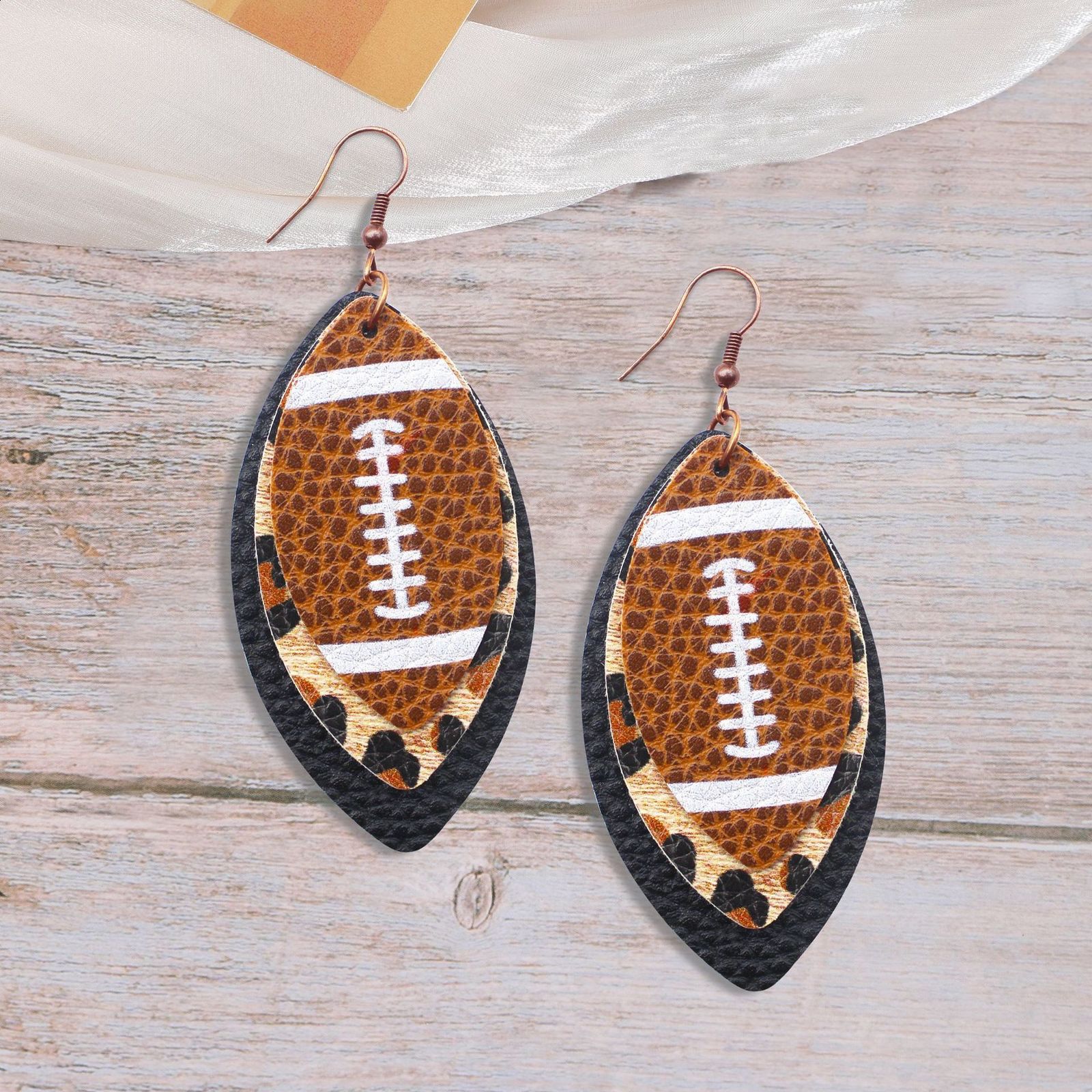 Sporty Rugby Brown Leopard Print Leaf ThreeLayer Leather Studded Rugby Earrings