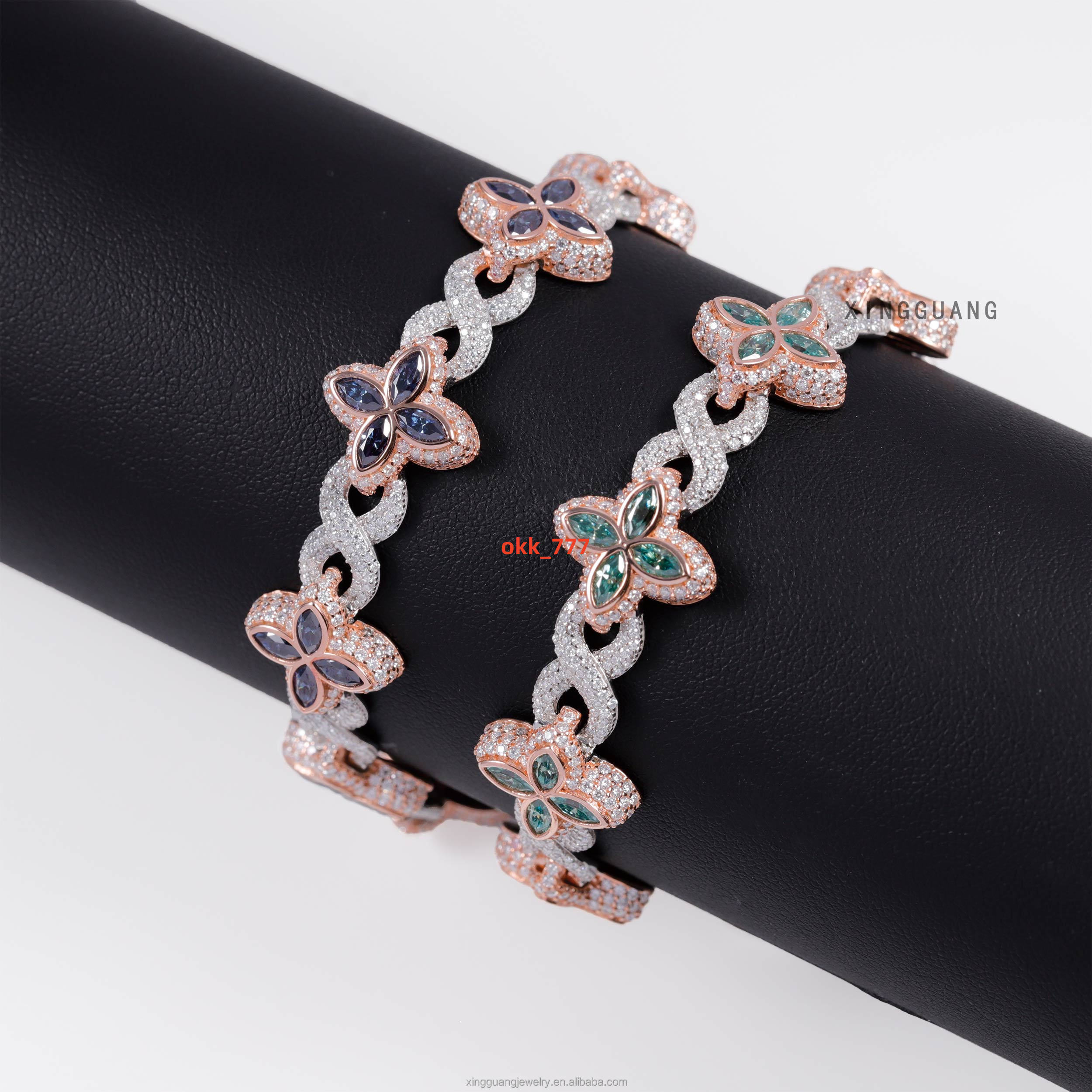 MoissaniteL Jewelry Lucky Clover Bracelet Gold Plated S925 SilverIced Out VVS Blue Pink Green Diamond Moissanite Bracelet