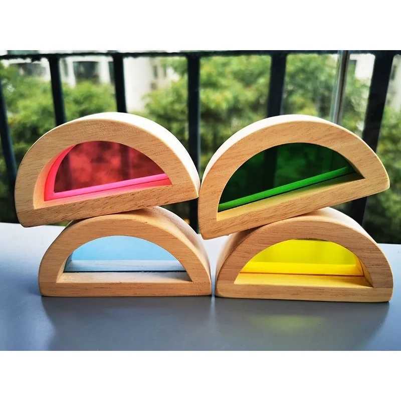 Kids Montessori Wooden Toy Sensory Rainbow Mirror Blocks Solid Rubber Wood Stacking Acrylic Building Stacker Educational Play C250916