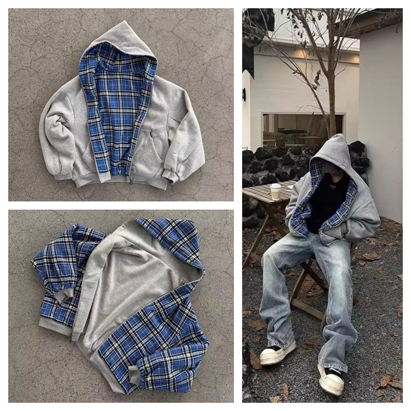 Y2k Men Clothing Harajuku Thickened Double Layer Front and Back Sweatshirt Hoodie Checkered Pattern Hip Hop Streetwear Hoodies 250915