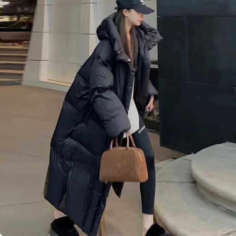 Winter Solid Long Hooded Down Jacket Female Thick Warm Outdoor Parka Outwear Women White Duck Down Loose Knee Length Down JacketT251201