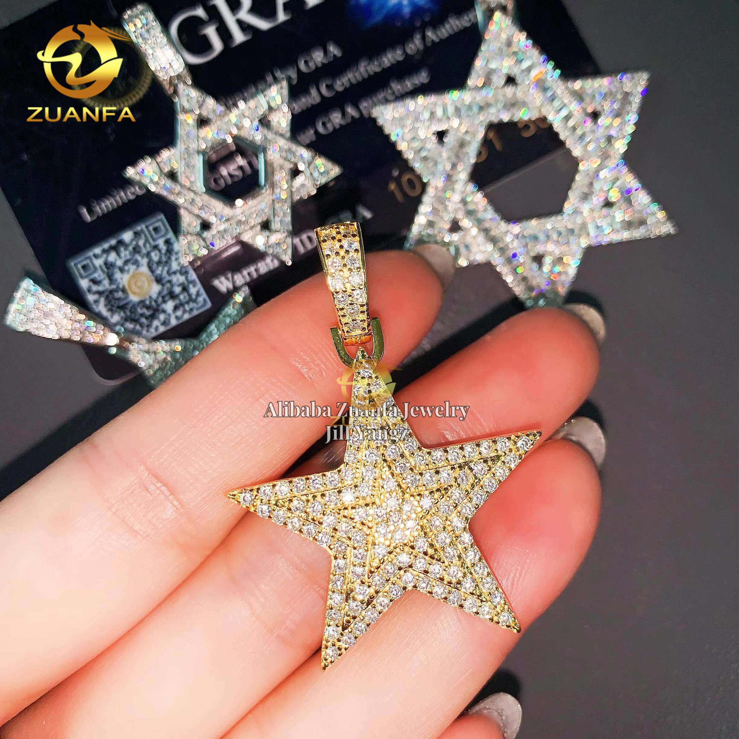 Star of David Pentagon Lucky Charm Golden Star Pendant Moissanite Pendants Baguette Iced Out Jewelry Custom Moissanite Pendant