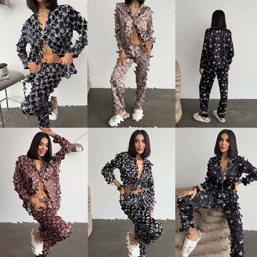Designer Set Classic Print Minimalist Ice Silk Pajama Set Long Pants Long Sleeves Stylish Comfortable Loungewear Sizes S-XXL