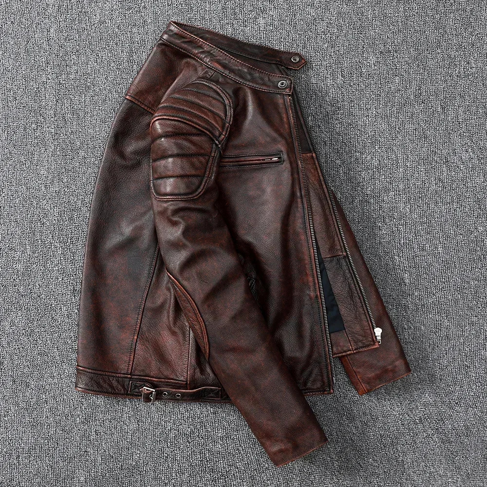 Vintage Style Mens Cowhide Clothes Biker Genuine Leather Jacket Fashion Brown slim coat men 250916