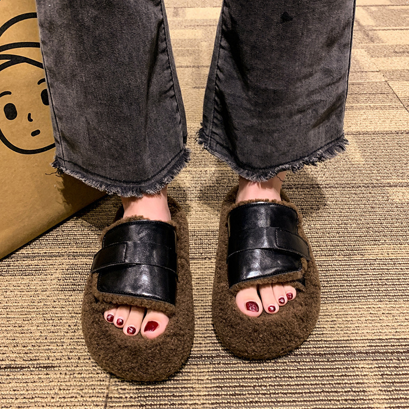 Flats Platform Cotton Slippers Women Fur Mules Shoes Winter Plush Warm Slides 2025 Trend Casual Snow Boots Soft Leather Cozy 250106