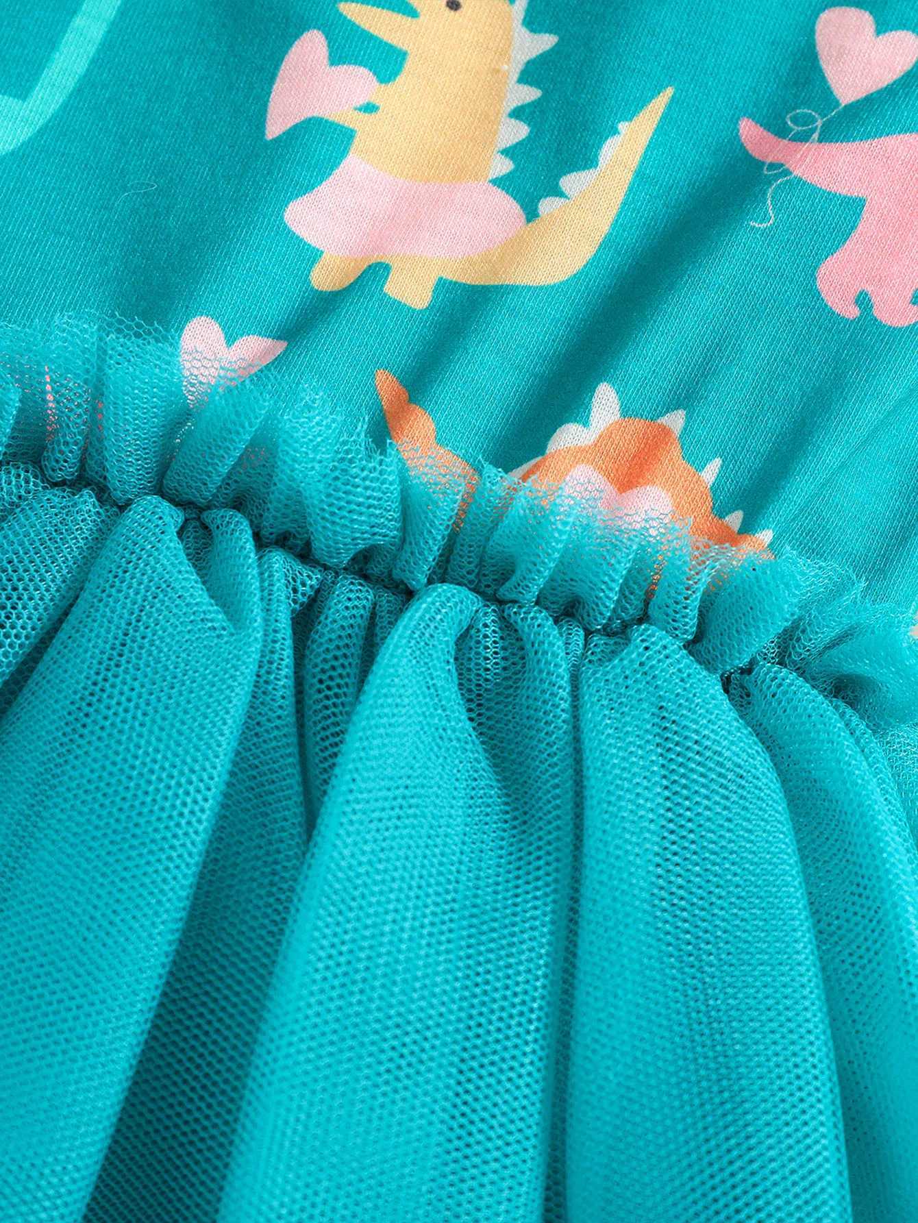 Summer 15 Years Little Girl Princess Dress Clothing Baby Girl Sleeveless Dinosaur Print Mesh Dress For Kids Girl Party C250916