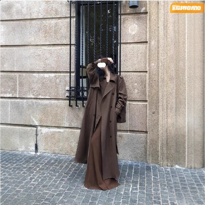 Fashion coffee colored long trench coat womens clothing spring/summer item Korean waist windproof coat 240911