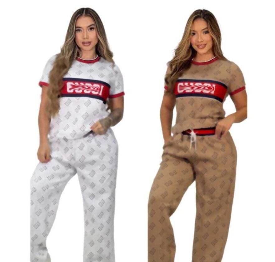 double-sided jacquard Tracksuits for women fashion casual short sleeved wide legged long pants knitted two-piece sets high-quality color blocked sportswear