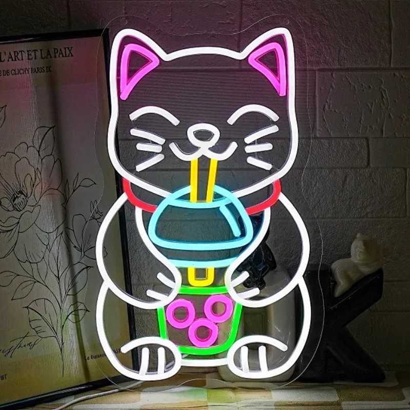 Boba Tea Neon Sign Cat Beer Neon Sign Bubble Tea Shop Sign Led Wall Decor Dimmable Room Decoration Dessert Shop Bar Club USB Y250916