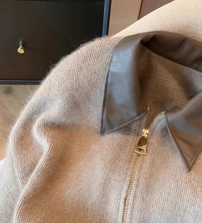 Spliced Leather Collar Knit Sweater Fashion Double Zipper Cardigan Womens AutumnWinter Soft Vintage Long Sleeve Streetwear 241028