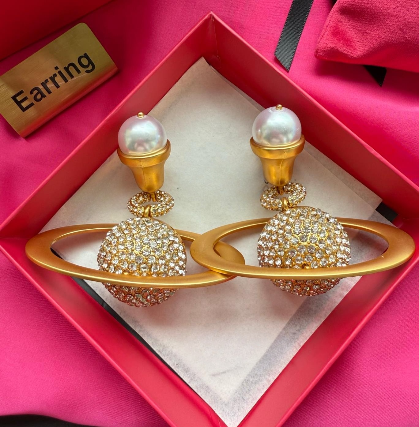 New Designed women Saturn full diamonds pearls earring brass gold plated Ear studs Designer Jewelry Schiaparelli-R10010002