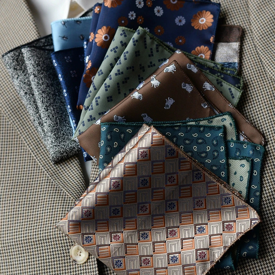 2025 Formal Pocket Square Navy Striped Floral Silk Handkerchief 24cm Brown Color Hanky Wedding Banquet Accessories Cravat250915