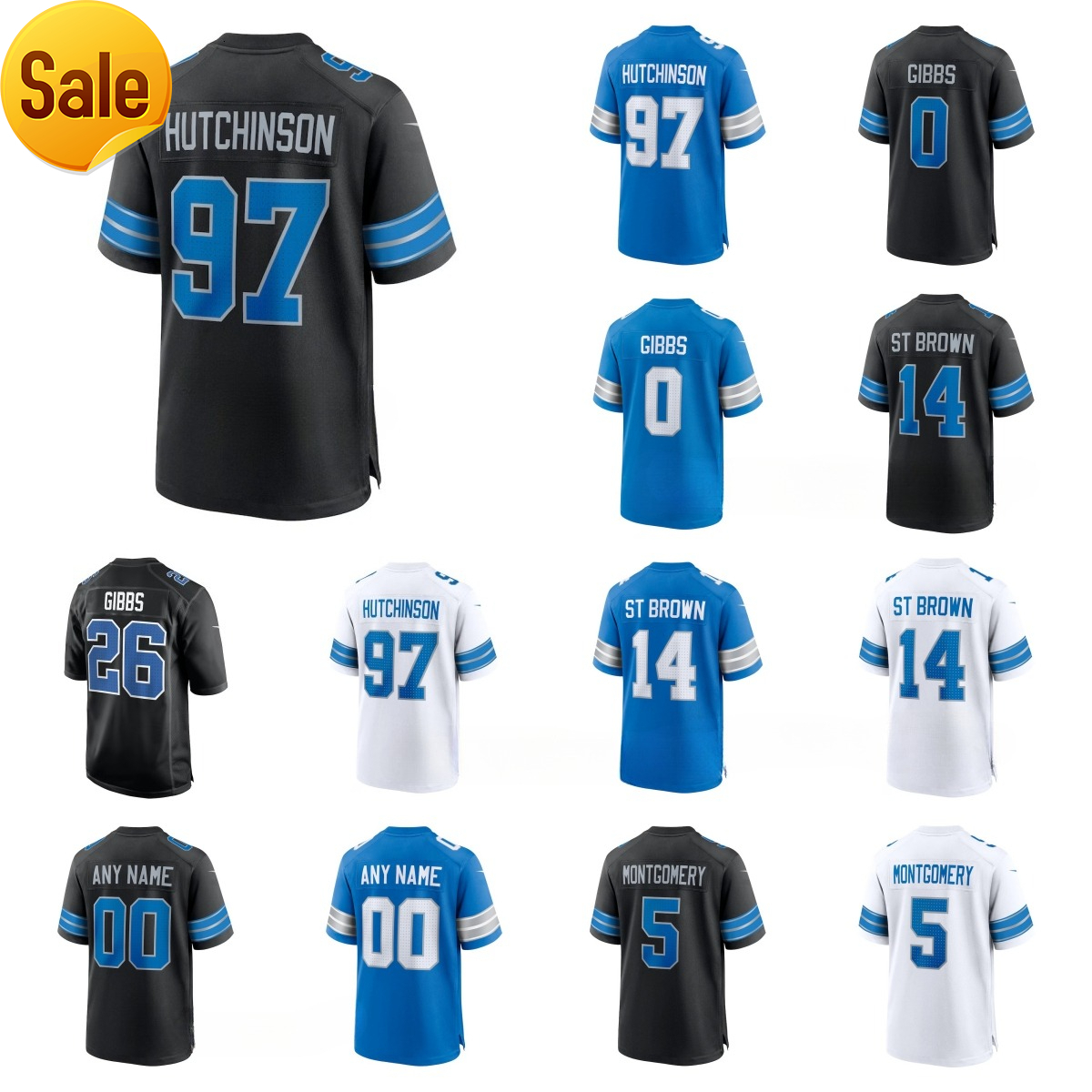 NFL Lions Jahmyr Gibbs AmonRa St Brown Jameson Williams Jahmyr Gibbs Jared Goff David Montgomery Custom Football Jersey