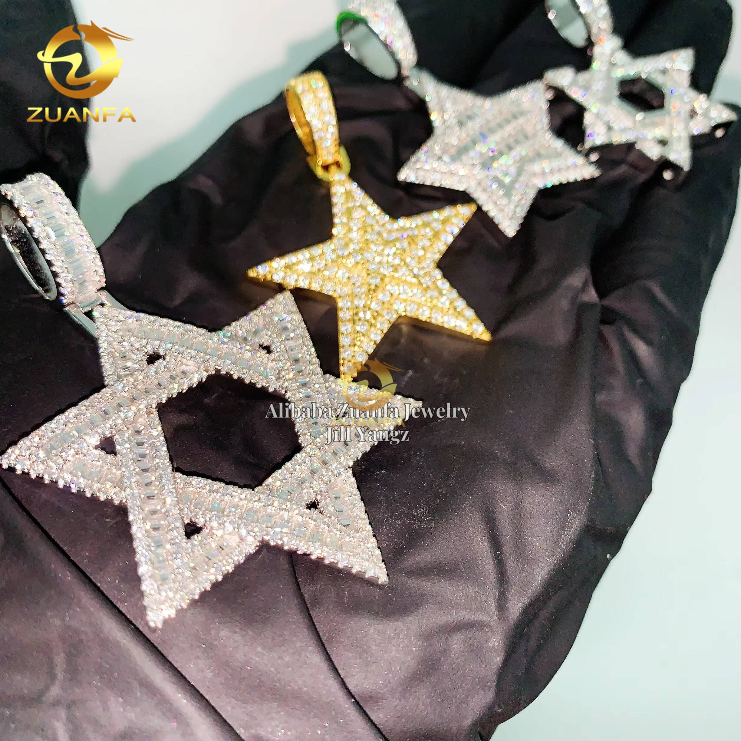 Star of David Pentagon Lucky Charm Golden Star Pendant Moissanite Pendants Baguette Iced Out Jewelry Custom Moissanite Pendant