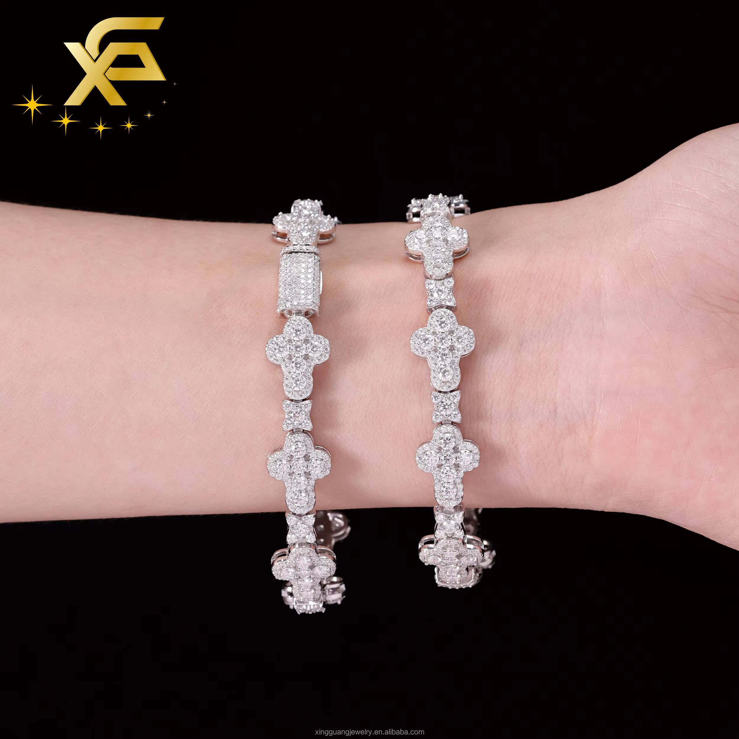 XingGuang Hiphop Jewelry Iced Out VVS Diamond Cross Shape Chain 925 Sterling Silver Moissanite Tennis Chain Womens Bracelet