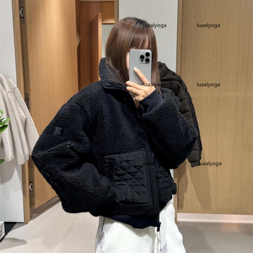 Designer Yoga Outerwear Jackets Lamb Wool Button Coats Womens Collared Shirt-jacket Warm Long Sleeve Sweater Quilted Flap Pockets Cotton-padded Windbreaker
