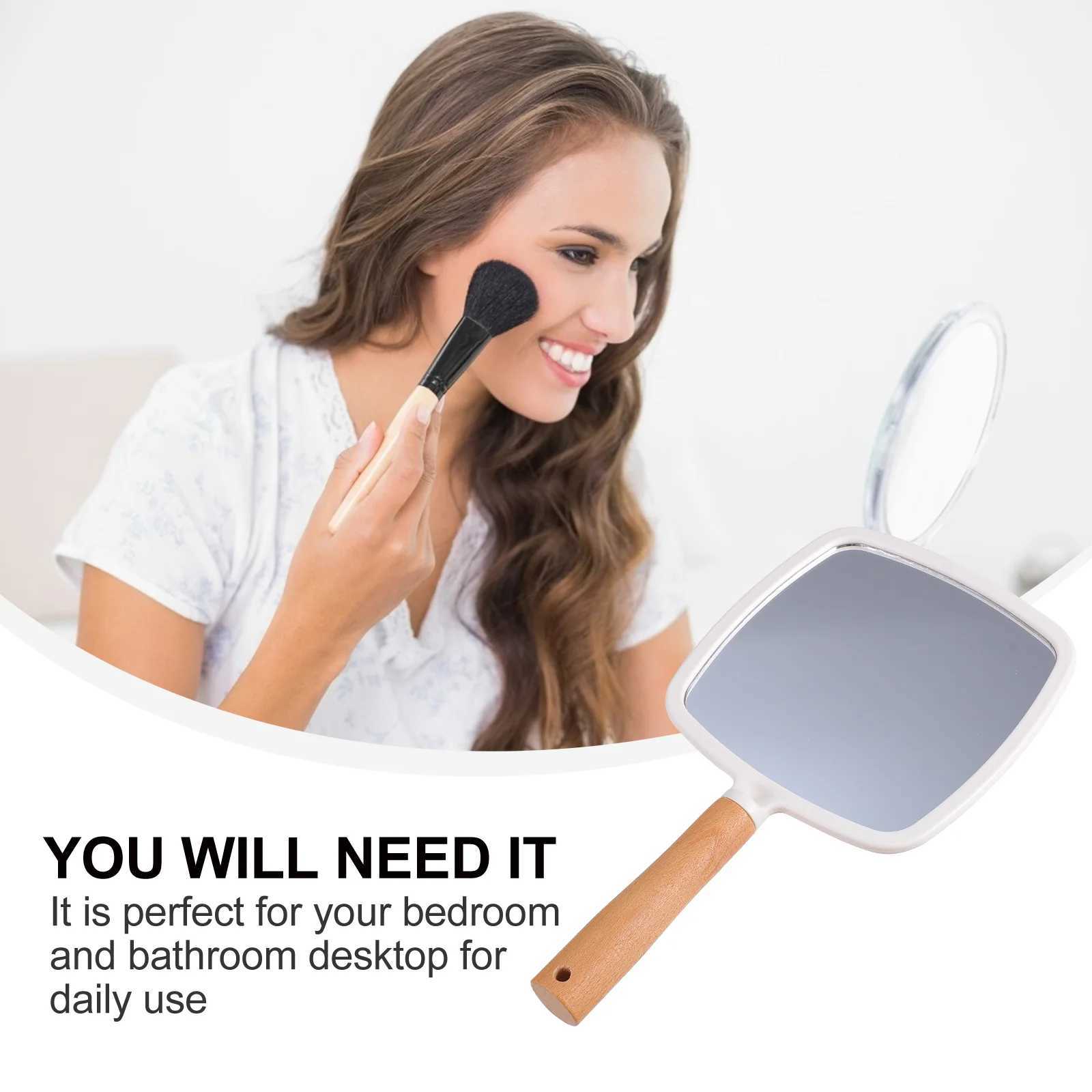 Makeup Mirror Wooden Handle Handheld Mirror Heart Shape Fan Shape Mirror Round Square Mirror Salon Makeup Mirror C250916