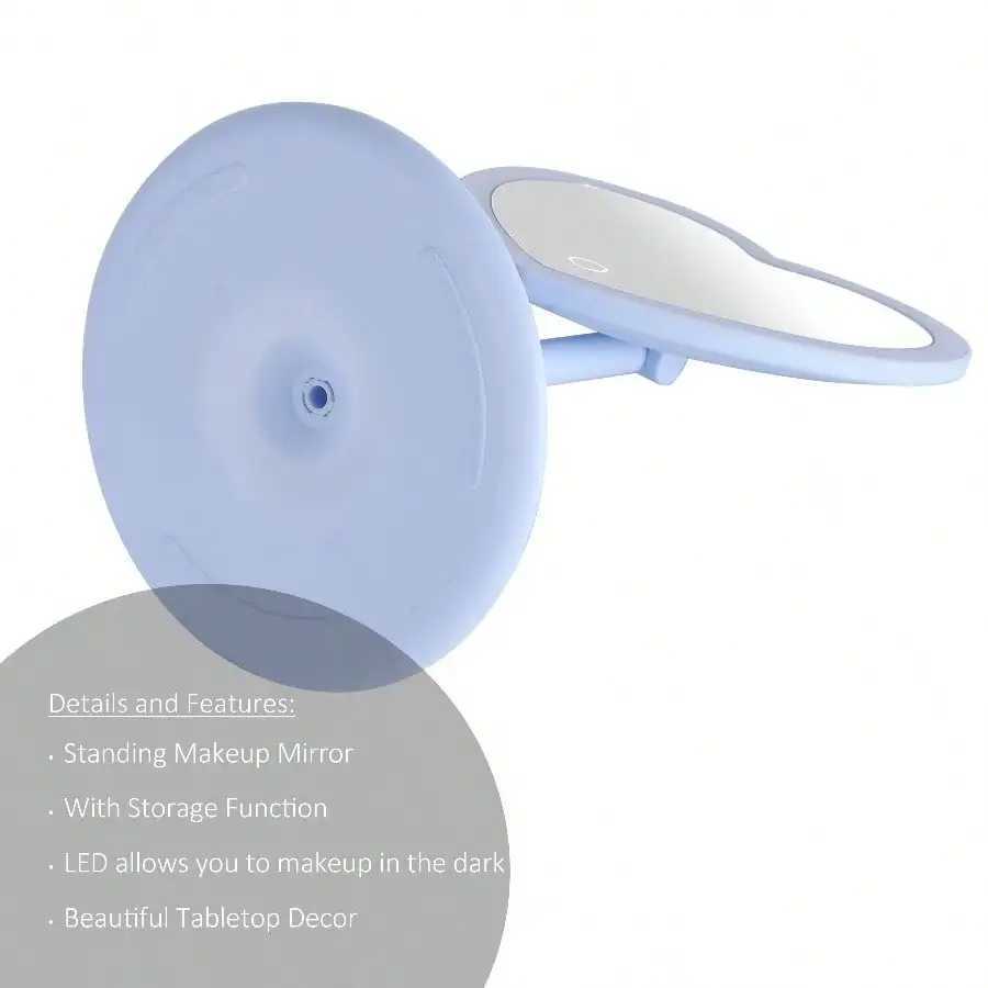 Tall light blue plastic frame tabletop heart shaped LED lighted mirror with trinket tray for bedroom vanity decor C250916