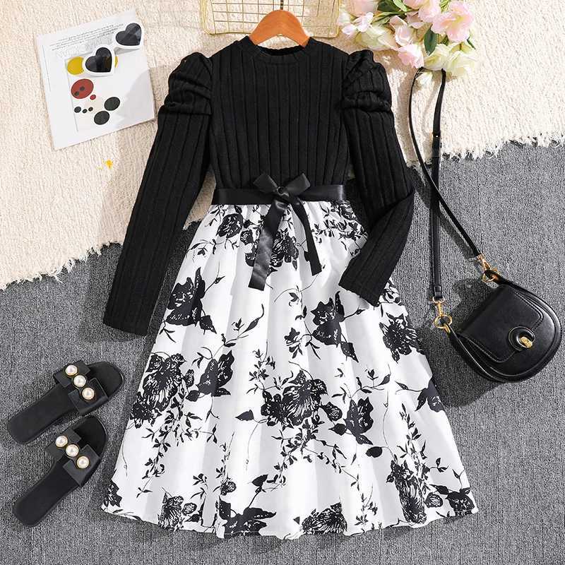 Childrens Spring Autumn Dress For 812 Years Girls Black LongSleeved Printed Dress Elegant Causal Style Birthday Party Clothes C250916