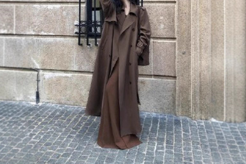 Brown Double Breasted Lapel Lace-up Long Sleeve Trench Coat Women Fashion 240926